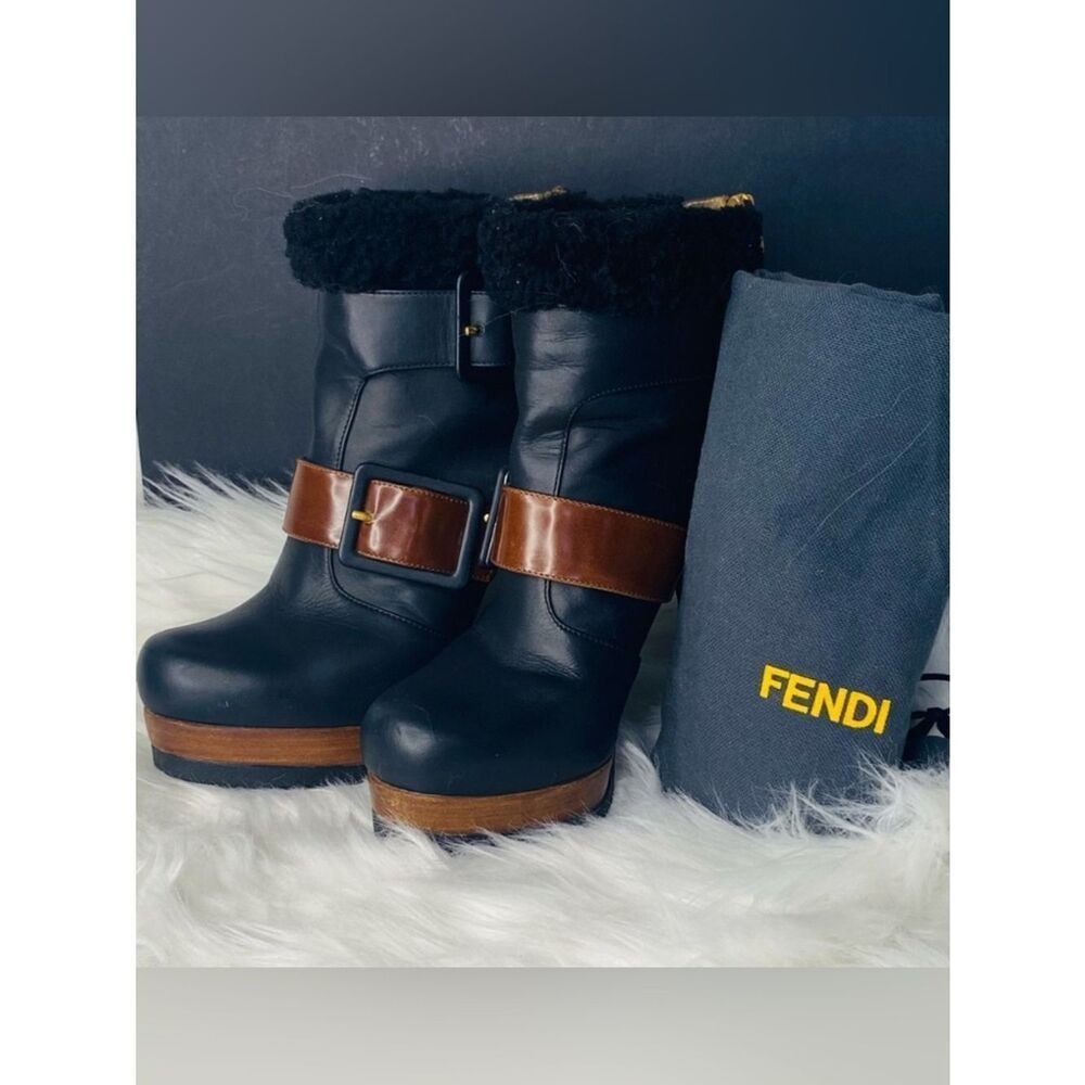 FENDI Moorland Authentic Black & Brown Leather Platform Ankle Boots Size 37